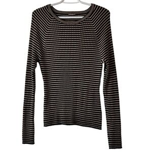 J.McLaughlin Striped Ribbed Knit Fitted Crewneck Sweater Women’s Sz XL Black Tan